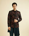 Teal Green Indo Western Set with Fern Motifs in a Fish Scale Pattern